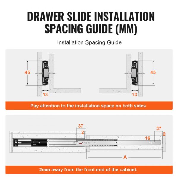 VEVOR drawer slides installation guide with precise spacing measurements in millimeters.