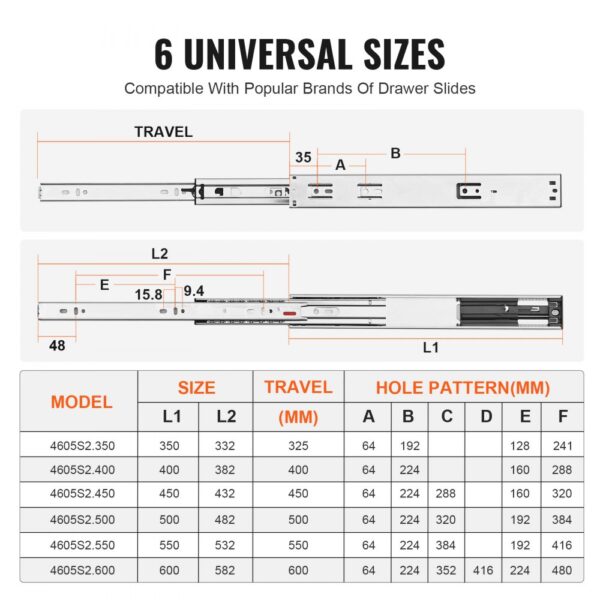 6 universal sizes of VEVOR drawer slides with detailed measurements and hole pattern chart.