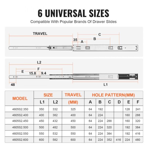 6 universal sizes of VEVOR drawer slides with measurements and hole patterns in a comparison chart.