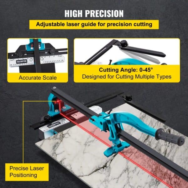 VEVOR tile cutter with adjustable laser guide, accurate scale, and 0-45° cutting angle.