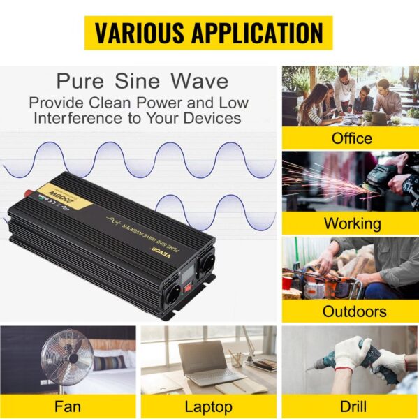 VEVOR Pure Sine Wave Inverter 2500W Power Inverter DC 12V AC 230V, Car Inverter USB Port LCD Display Remote Controller, Safety Protections, Power Converter For RV Trucks Boats And Emergency