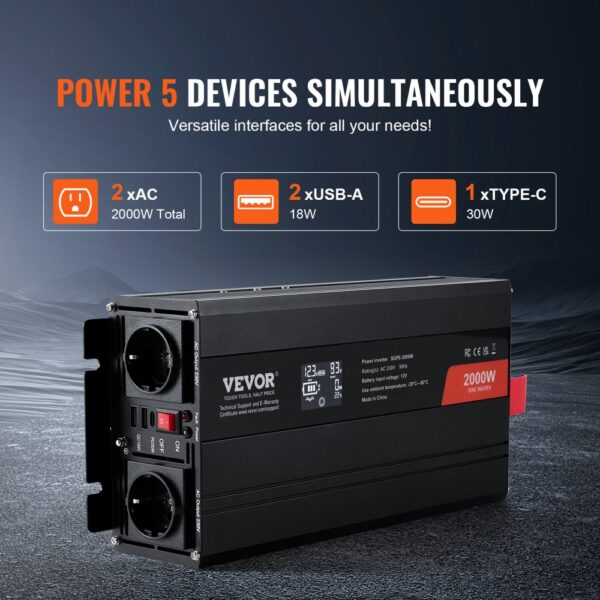 VEVOR Pure Sine Wave Power Inverter 2000W DC12V to AC230V LCD Remote Control CE