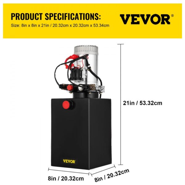 VEVOR hydraulic pump dimensions: 8in x 8in x 21in with black and red components.