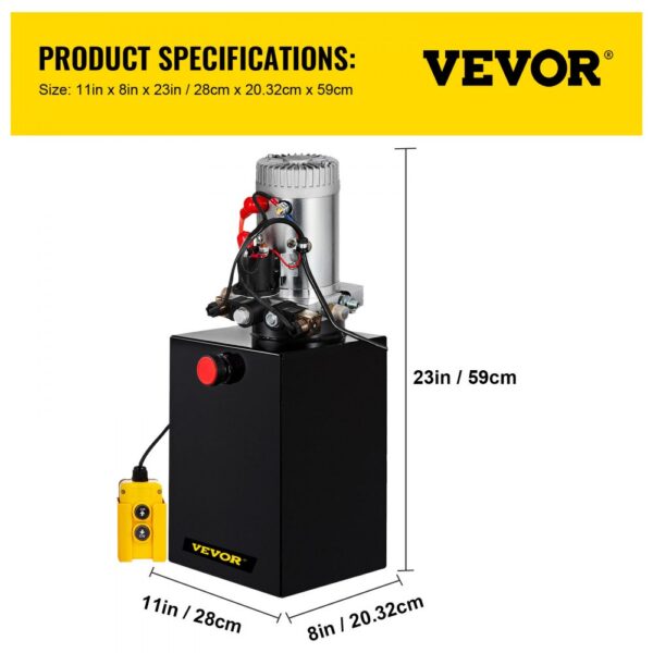 VEVOR hydraulic dump trailer pump with specifications and dimensions outlined.