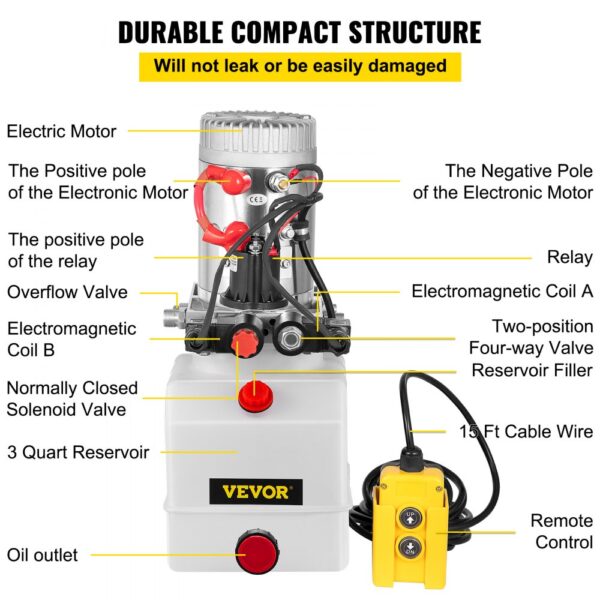 VEVOR hydraulic pump with labeled parts including motor, reservoir, and remote control.