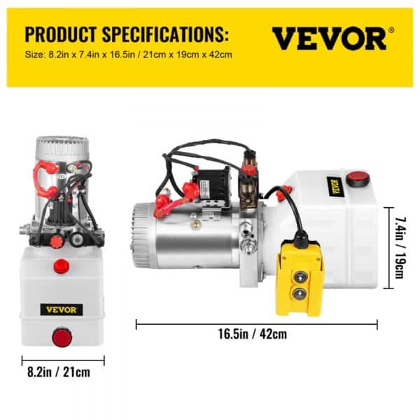 VEVOR hydraulic pump with specifications; dimensions shown: 8.2in x 16.5in x 7.4in.