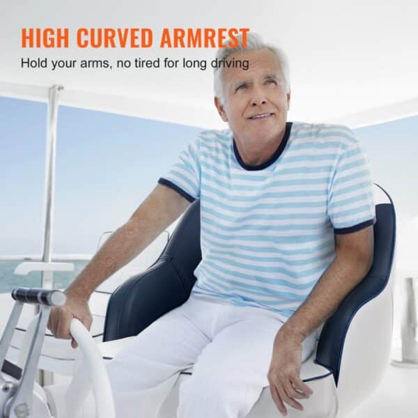 man seated on a VEVOR captain bucket seat with high curved armrests for comfortable long drives.