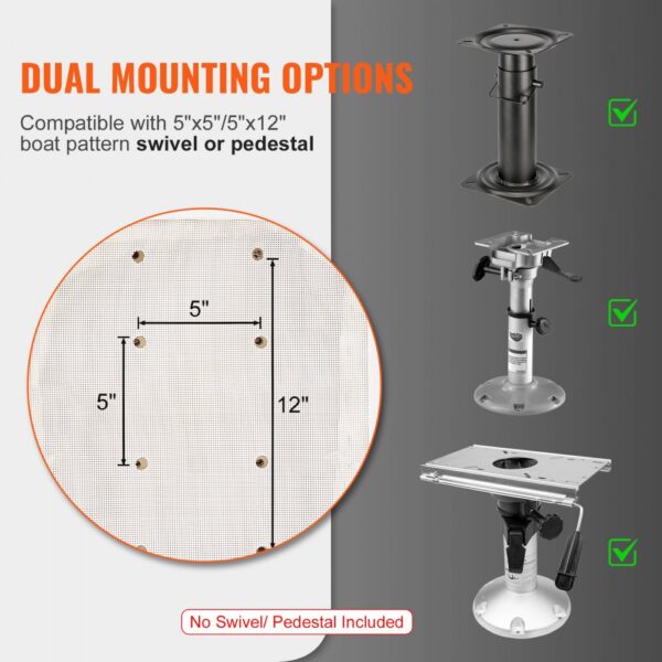 dual mounting options for VEVOR captain bucket seat: compatible with 5"x5" and 5"x12" boat pattern setups.