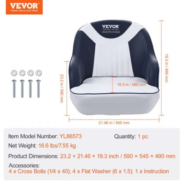 VEVOR captain bucket seat with dimensions and hardware details displayed.