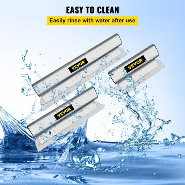 VEVOR skimming blade set with water splashes, highlighting their easy-to-clean feature.