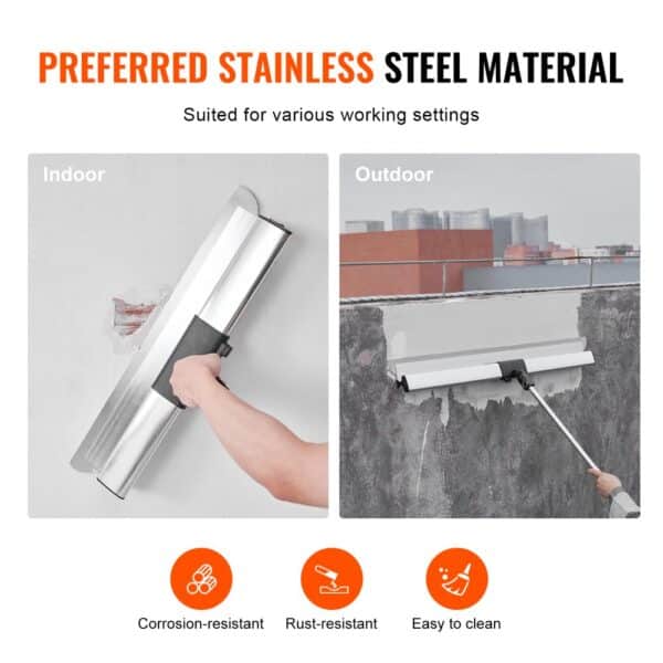 VEVOR drywall skimming kit in use indoors and outdoors, showcasing its stainless steel material.