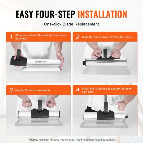 easy four-step blade installation for VEVOR drywall skimming kit, including slide, lock, secure, and fix.