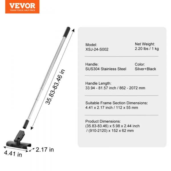 VEVOR drywall skimming kit, adjustable stainless steel handle, dimensions and specs on display.