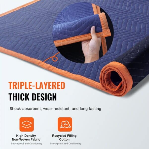 triple-layered VEVOR moving blankets, blue with orange trim, high-density non-woven fabric, recycled cotton.