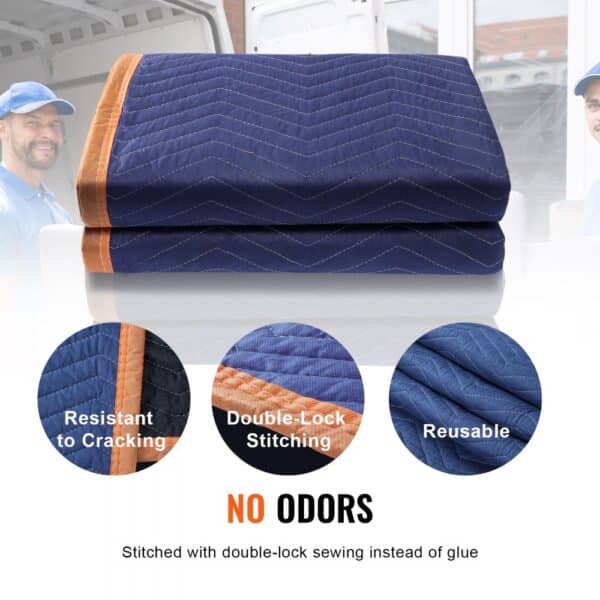 VEVOR moving blankets - double-lock stitching, resistant to cracking, reusable, no odors, durable.