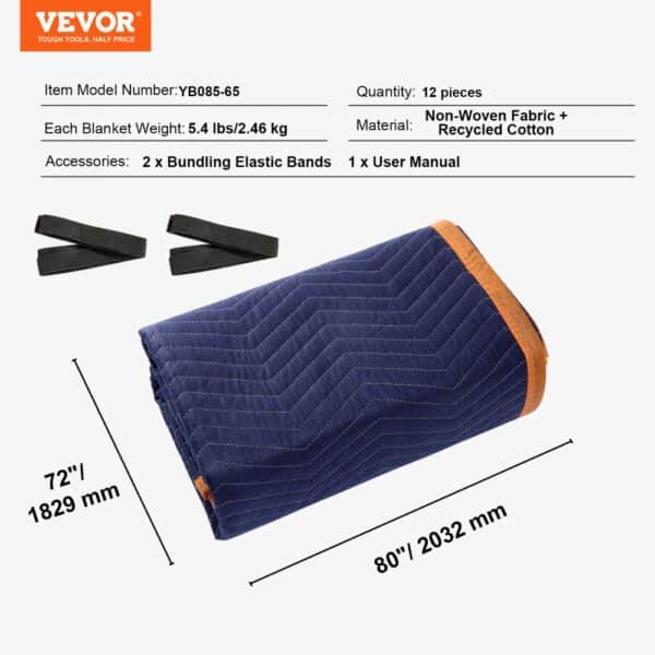 VEVOR moving blankets, 12 pieces, non-woven fabric, recycled cotton, 72"x80", includes elastic bands