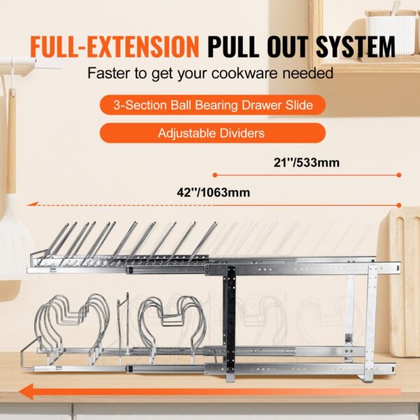 VEVOR Pan and Pot Rack, 2-Tier Expandable Pull Out Under Cabinet Organizer, Cookie Sheet Baking Pans Tray Racks, Adjustable Wire Dividers, Steel Lid Holder for Kitchen Cabinet & Pantry Storage, 12"W