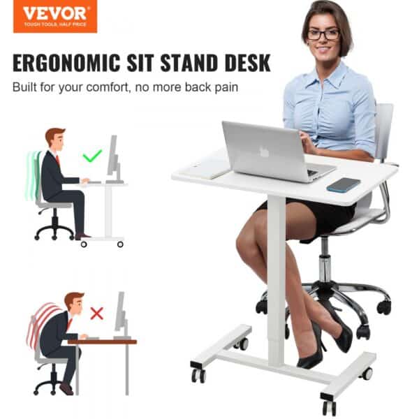 VEVOR mobile standing desk showing ergonomic design benefits for reducing back pain.