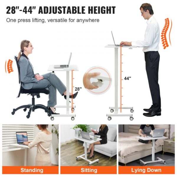 VEVOR mobile standing desk adjustable from 28'' to 44'', usable standing, sitting, or lying down.