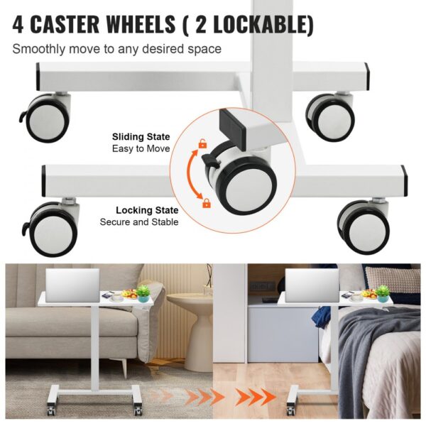 VEVOR mobile standing desk with 4 caster wheels (2 lockable) for easy movement and stability.