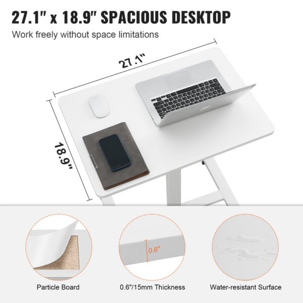 VEVOR mobile standing desk with 27.1" x 18.9" surface, water-resistant, 0.6" thick particle board.