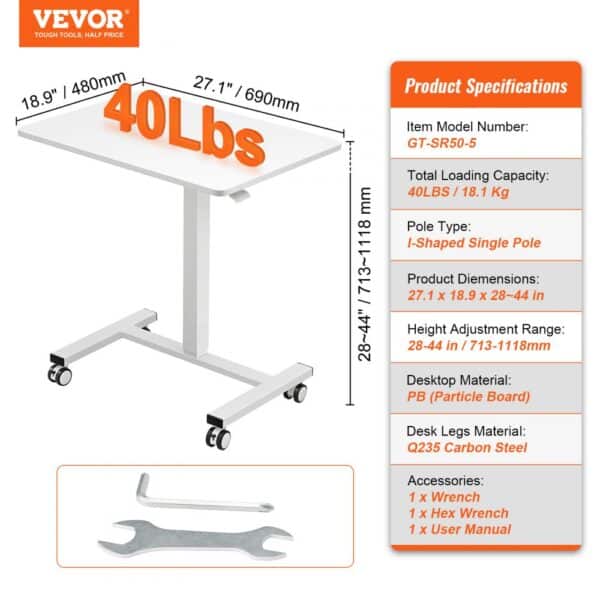 VEVOR mobile standing desk, 40lbs capacity, height adjustable 28-44in, i-shaped pole, with tools.