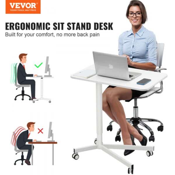 VEVOR mobile standing desk promoting ergonomic benefits, shown with a person using a computer and diagrams.