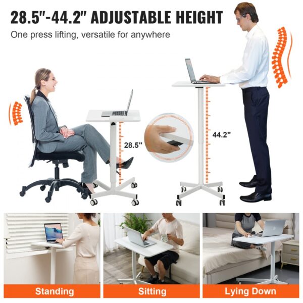 VEVOR mobile standing desk with adjustable height for standing, sitting, and lying down environments.