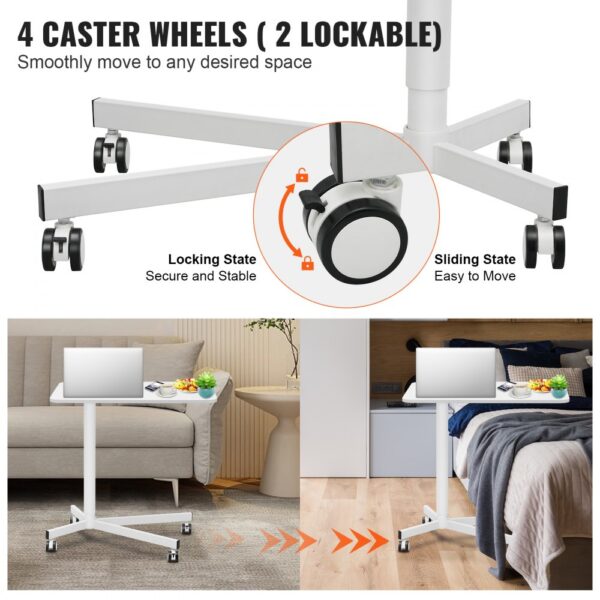 VEVOR mobile standing desk with 4 caster wheels, 2 lockable, in living and bedroom settings.