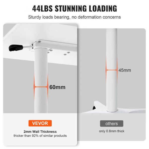 VEVOR mobile standing desk with 60mm 2mm thick wall, sturdier than similar products, holds 44lbs.