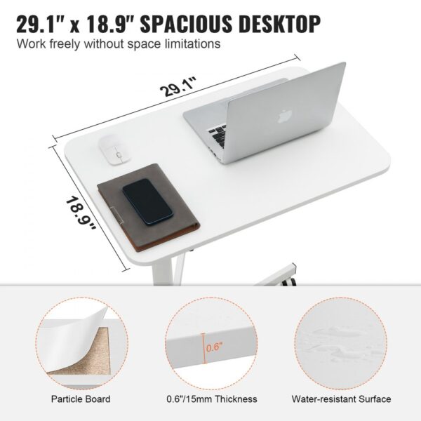 VEVOR mobile standing desk with 29.1" x 18.9" water-resistant surface, particle board, 0.6" thickness.