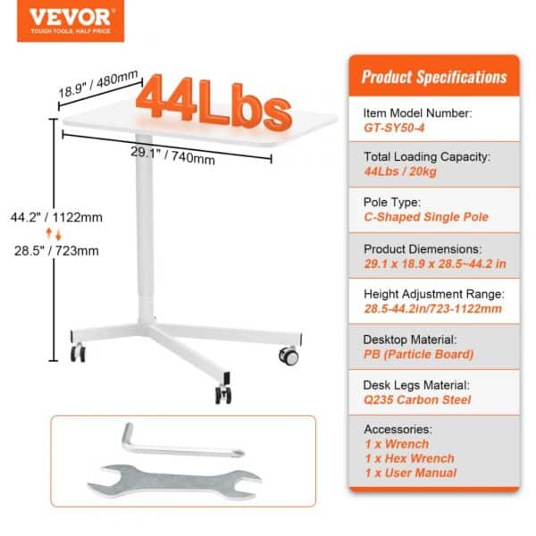 VEVOR mobile standing desk with a load capacity of 44 lbs, adjustable height, and c-shaped pole.