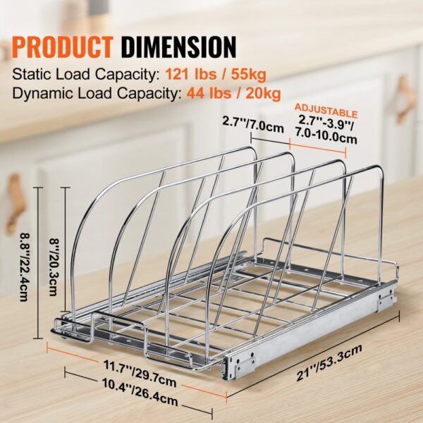 VEVOR under cabinet organizer with dimensions and load capacities marked, featuring adjustable dividers.