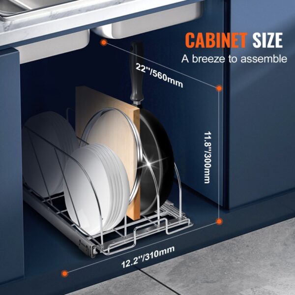 VEVOR under cabinet organizer holding plates, cutting board, and pan with dimensions overlay.