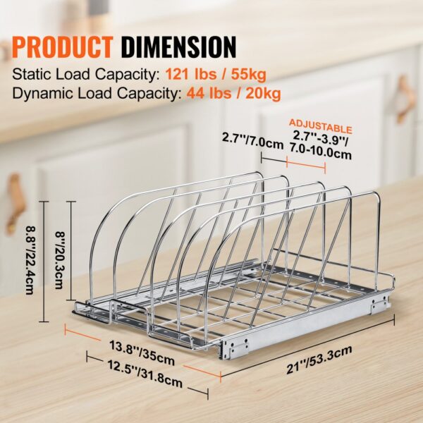 VEVOR pan and pot rack with adjustable dividers, static load capacity 121 lbs, dynamic load 44 lbs.