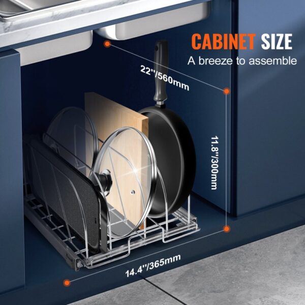 VEVOR pan and pot rack in kitchen cabinet with dimensions: 22"x11.8"x14.4". easy assembly.