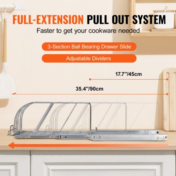 full-extension pull out pan and pot rack with adjustable dividers and 3-section ball bearing drawer slide.