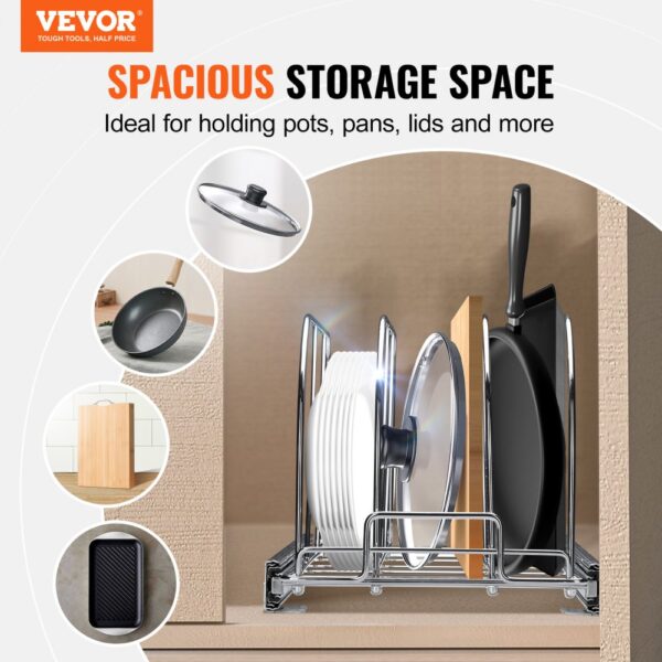 VEVOR pan and pot rack in a kitchen cabinet for organizing pots, pans, lids, and cutting boards.