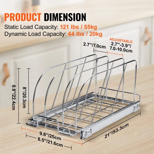 VEVOR pan and pot rack with adjustable dividers, 121 lbs capacity, and dimensions labeled.