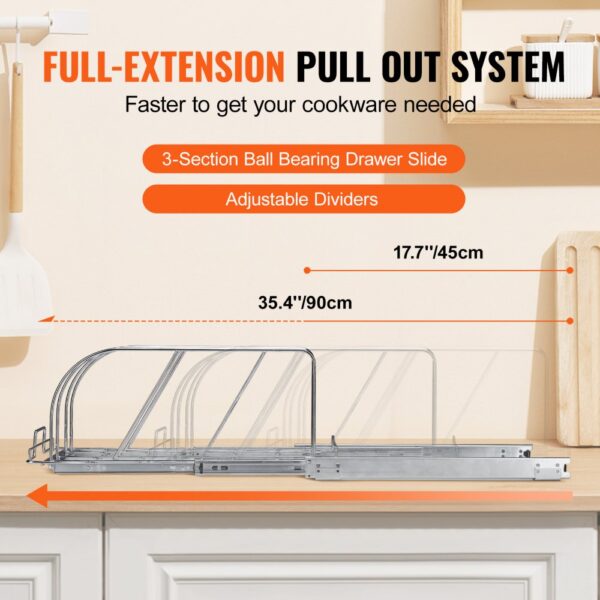 full-extension pull-out system with adjustable dividers for organizing cookware. VEVOR pan and pot rack.