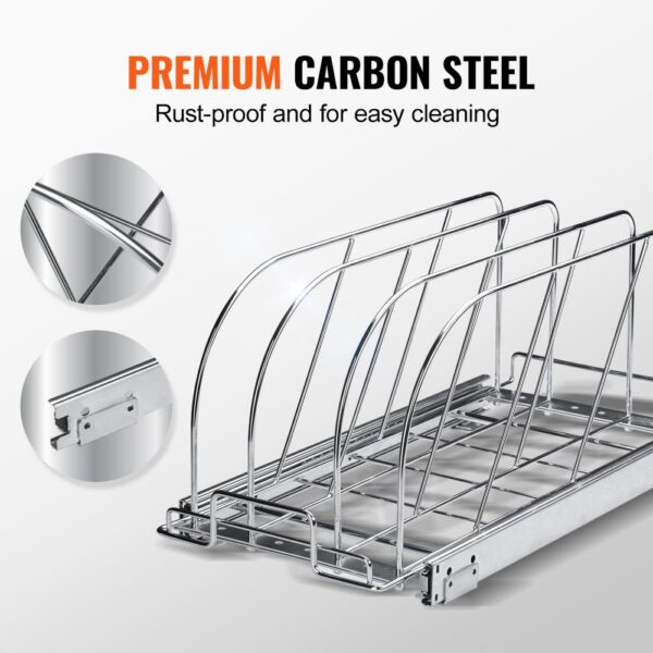 VEVOR pan and pot rack made from premium carbon steel, rust-proof, and easy to clean.