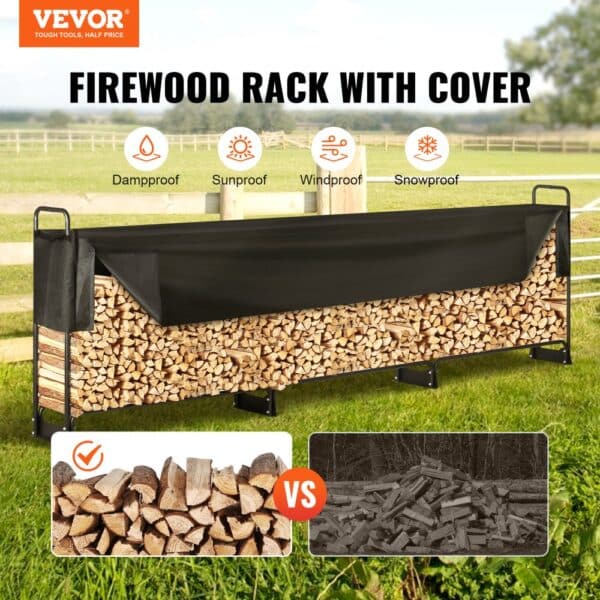 VEVOR firewood rack with cover showing dampproof, sunproof, windproof, and snowproof features.
