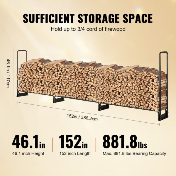 VEVOR firewood rack, 46.1in height, 152in length, holds up to 3/4 cord, 881.8lbs capacity