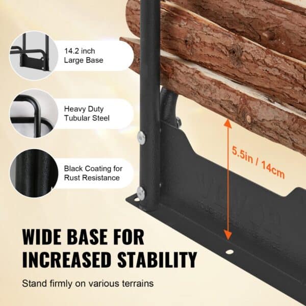 VEVOR firewood rack with 14.2-inch base, heavy-duty tubular steel, and rust-resistant black coating.