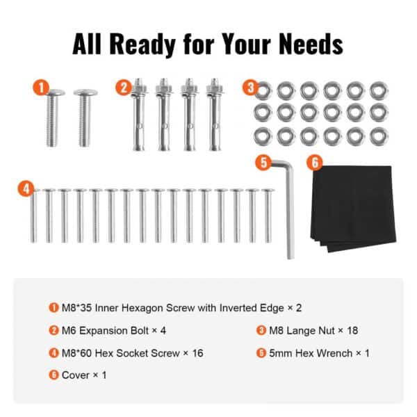 VEVOR firewood rack assembly kit with screws, bolts, nuts, hex wrench, and cover.