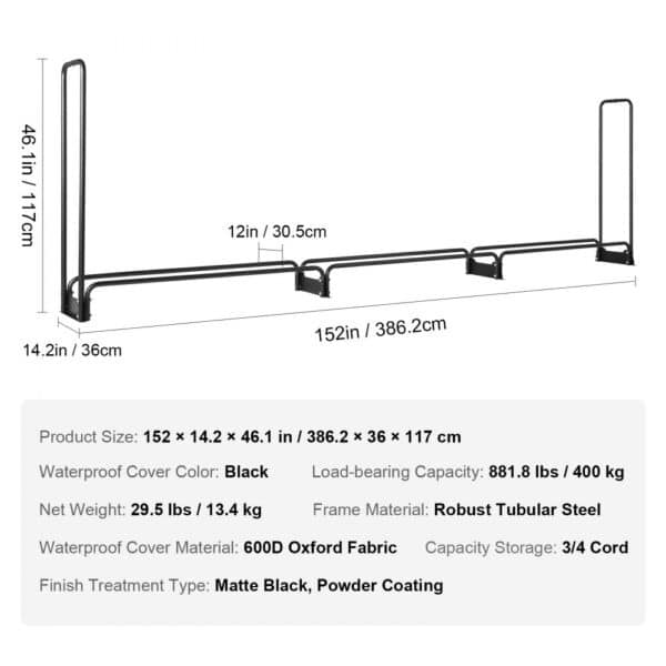 VEVOR firewood rack dimensions, black powder-coated steel, capacity 881.8 lbs, 600d oxford fabric cover.