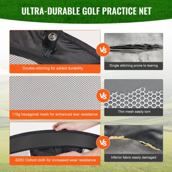 ultra-durable VEVOR golf chipping net with double stitching, 110g hexagonal mesh, and 420d oxford cloth.