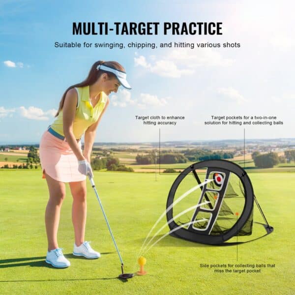 golfer practicing with VEVOR golf chipping net on green field under clear sky, highlighting target pockets.