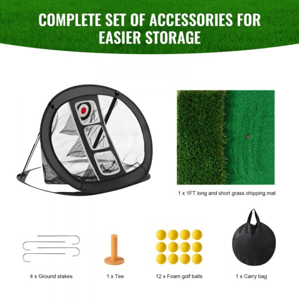 VEVOR golf chipping net set with net, grass mat, ground stakes, tee, foam golf balls, and carry bag.