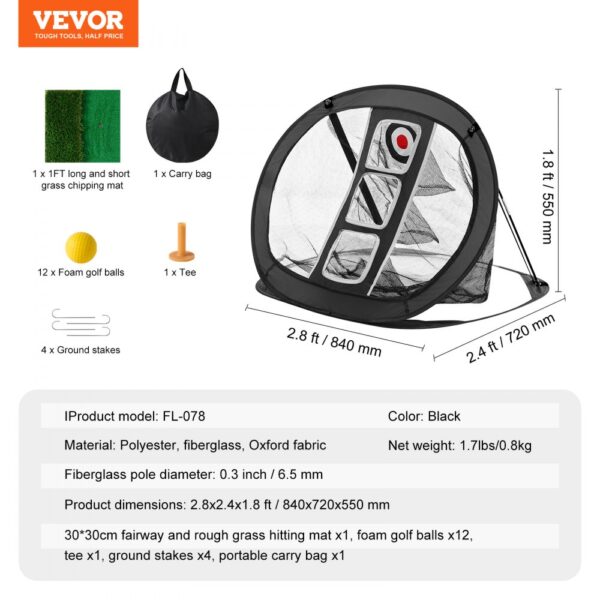 VEVOR golf chipping net with accessories: hitting mat, foam golf balls, tee, ground stakes, and carry bag.